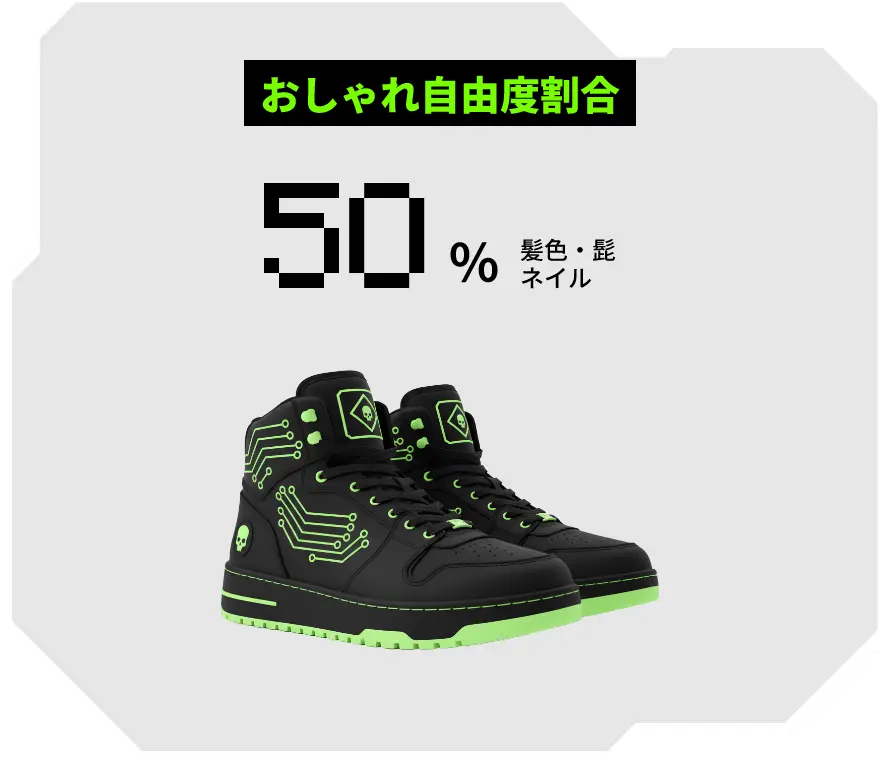 おしゃれ自由度割合50%（髪色・髭・ネイル）